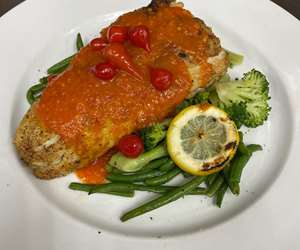 Parmesan crusted NC Flounder with Peruvian Red Pepper Sauce